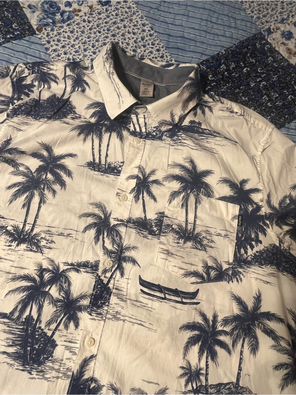 Hurley Cream and Navy Palm Print Button-Down Shirt Mens XXL